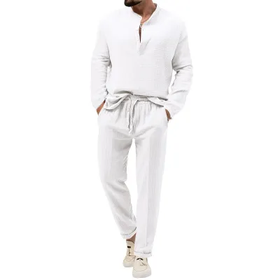 Men's Fashion Casual Solid Color Long-Sleeve T-Shirt and Slim Fit Pants Two-Piece Set
