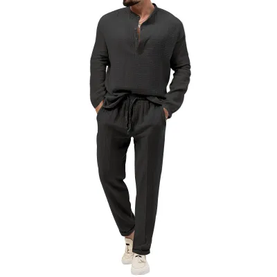 Men's Fashion Casual Solid Color Long-Sleeve T-Shirt and Slim Fit Pants Two-Piece Set