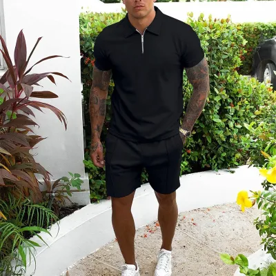 Men's Fashion Casual Solid Color Lapel Short-Sleeve T-Shirt and Shorts Two-Piece Set