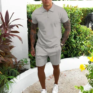 Men's Fashion Casual Solid Color Lapel Short-Sleeve T-Shirt and Shorts Two-Piece Set