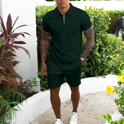 Men's Fashion Casual Solid Color Lapel Short-Sleeve T-Shirt and Shorts Two-Piece Set