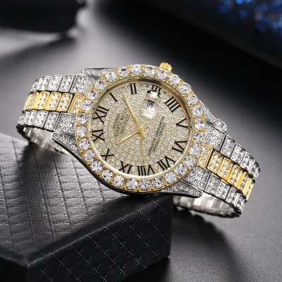 Men Fashion Rhinestone Steel Band Calendar Quartz Watch