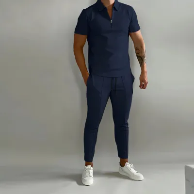 Men's Fashion Casual Solid Color Lapel Short-Sleeve T-Shirt and Slim-Fit Pants Two-Piece Set