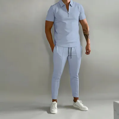 Men's Fashion Casual Solid Color Lapel Short-Sleeve T-Shirt and Slim-Fit Pants Two-Piece Set