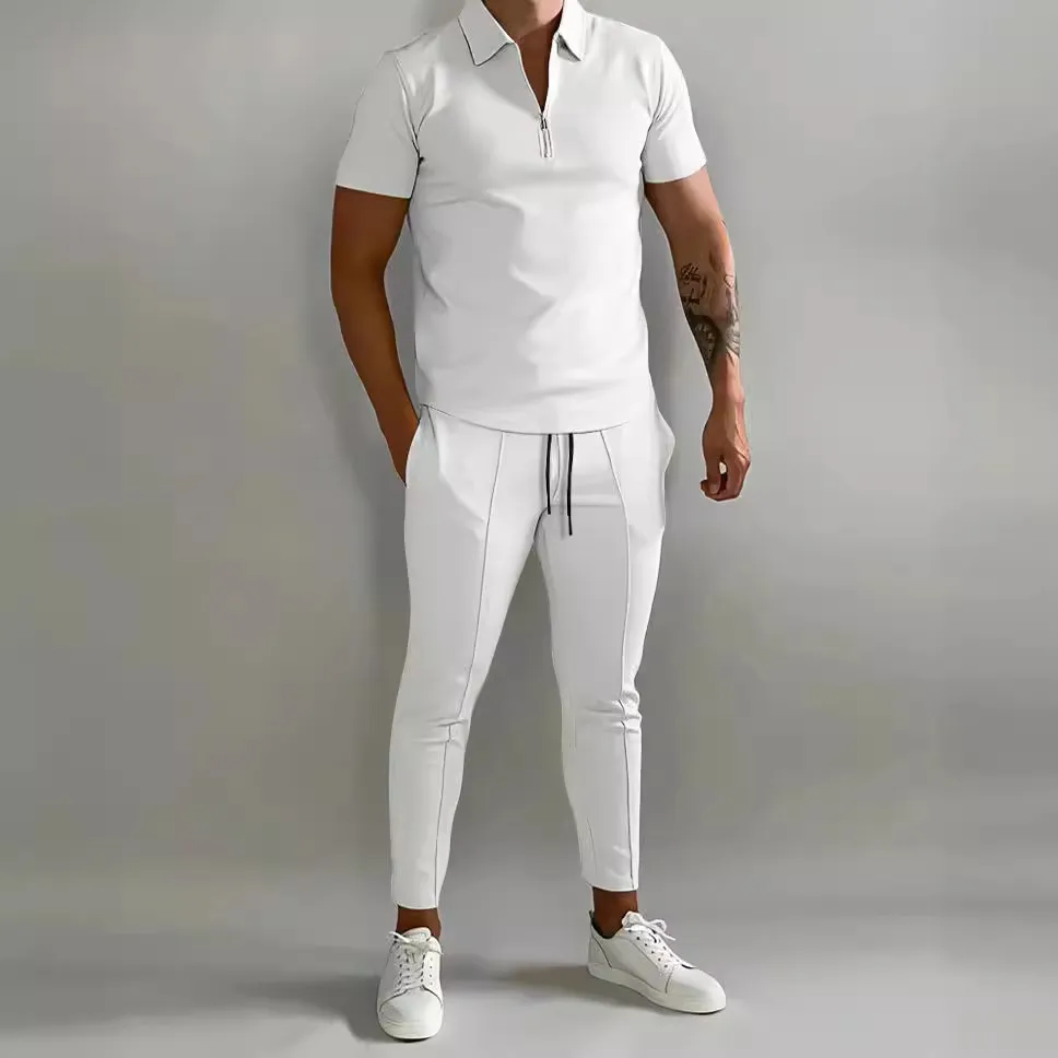 Men's Fashion Casual Solid Color Lapel Short-Sleeve T-Shirt and Slim-Fit Pants Two-Piece Set