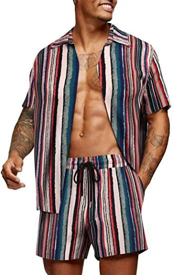 Men Fashion Casual Print Lapel Short-Sleeve Shirts Loose Shorts Two-Piece Set