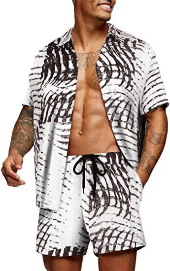 Men Fashion Casual Print Lapel Short-Sleeve Shirts Loose Shorts Two-Piece Set