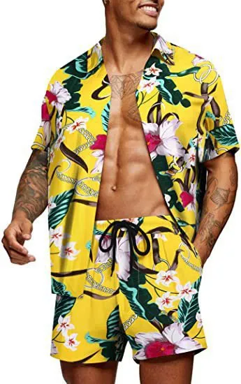 Men Fashion Casual Print Lapel Short-Sleeve Shirts Loose Shorts Two-Piece Set