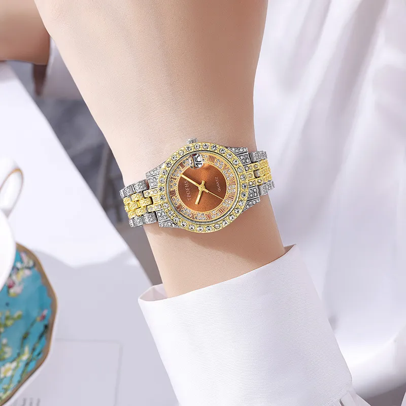 Women Fashion Calendar Rhinestone Steel Band Watch