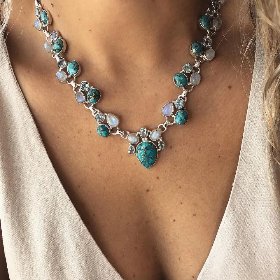 Women Fashion Boho White Turquoise Floral Geometric Necklace