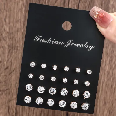 Women's Fashion Simple Rhinestone Earrings 12 Pair Set