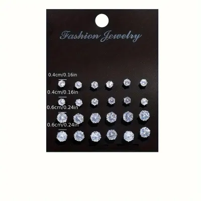 Women's Fashion Simple Rhinestone Earrings 12 Pair Set