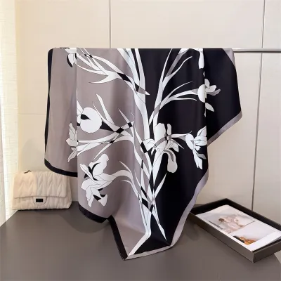 Women Fashion Floral Print Square Silk Scarf
