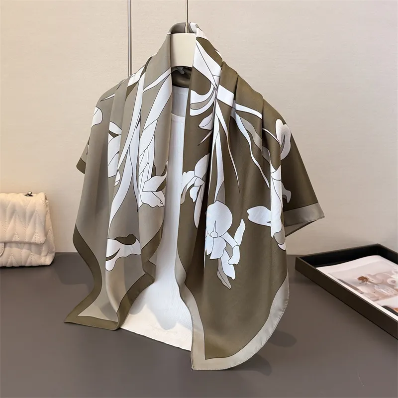 Women Fashion Floral Print Square Silk Scarf