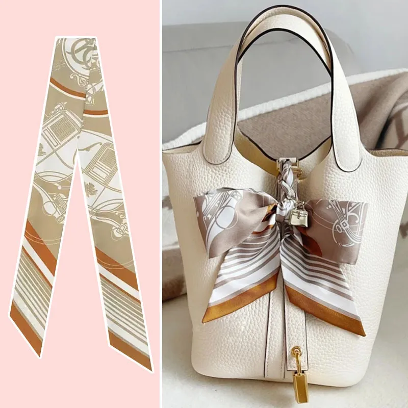 Women Fashion Printed Long Ribbon Silk Bag Scarf