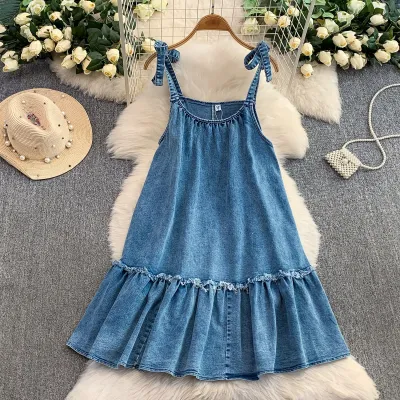 Women Casual Sleeveless Lace-Up Denim Dress