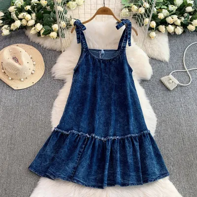 Women Casual Sleeveless Lace-Up Denim Dress