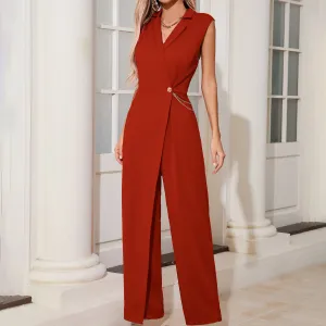 Women Casual Solid Color Lapel Sleeveless Chain Jumpsuits