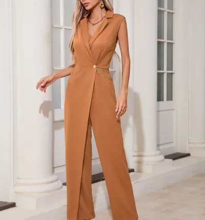 Women Casual Solid Color Lapel Sleeveless Chain Jumpsuits