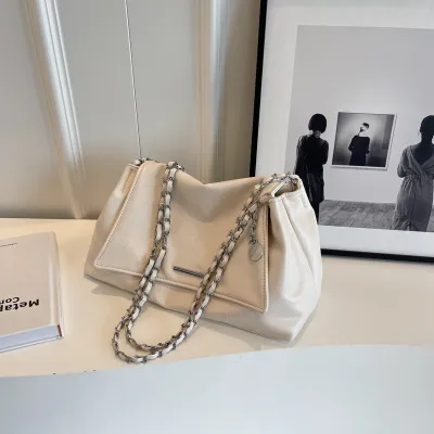 Women's Fashion Casual Solid Color Large Capacity Chain Shoulder Bag PU Tote