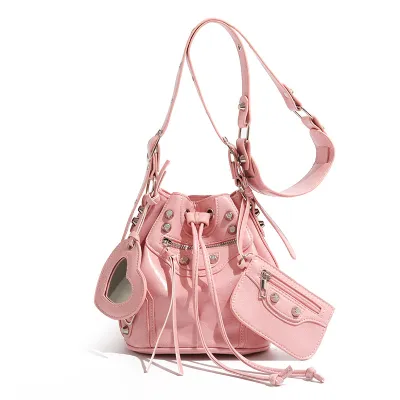 Women Fashion Casual Solid Color Bucket Rivet Drawstring Shoulder Bag