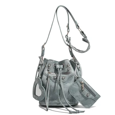 Women Fashion Casual Solid Color Bucket Rivet Drawstring Shoulder Bag
