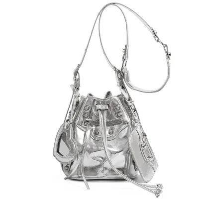 Women Fashion Casual Solid Color Bucket Rivet Drawstring Shoulder Bag