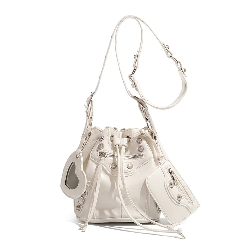 Women Fashion Casual Solid Color Bucket Rivet Drawstring Shoulder Bag