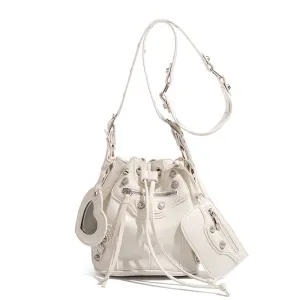 Women Fashion Casual Solid Color Bucket Rivet Drawstring Shoulder Bag