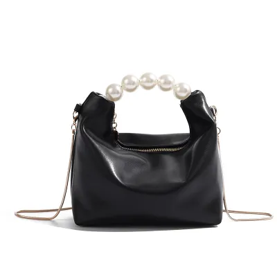 Women Fashion Elegant Pearl Chain Handbag PU Solid Color Zipper Medium Soft