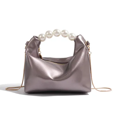 Women Fashion Elegant Pearl Chain Handbag PU Solid Color Zipper Medium Soft