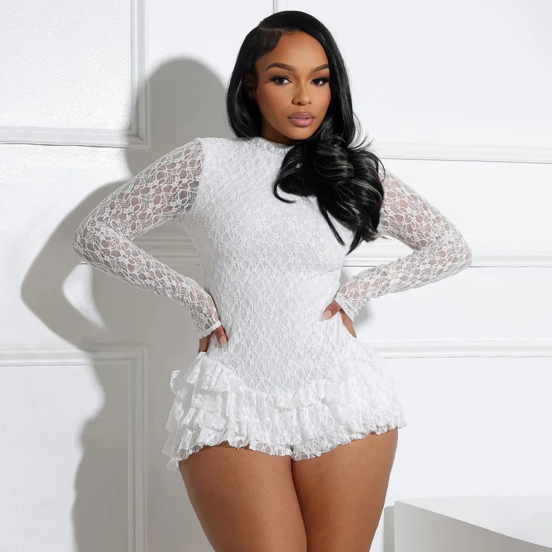 Women Sexy Solid Color Lace Long Sleeve Backless Ruffled Rompers