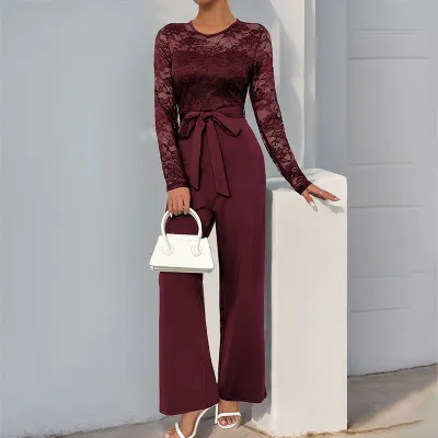 Women Fashion Sexy Solid Color Lace Stitching Long-Sleeve Zipper Jumpsuit