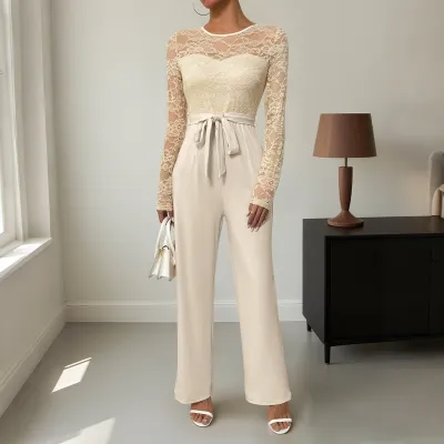 Women Fashion Sexy Solid Color Lace Stitching Long-Sleeve Zipper Jumpsuit