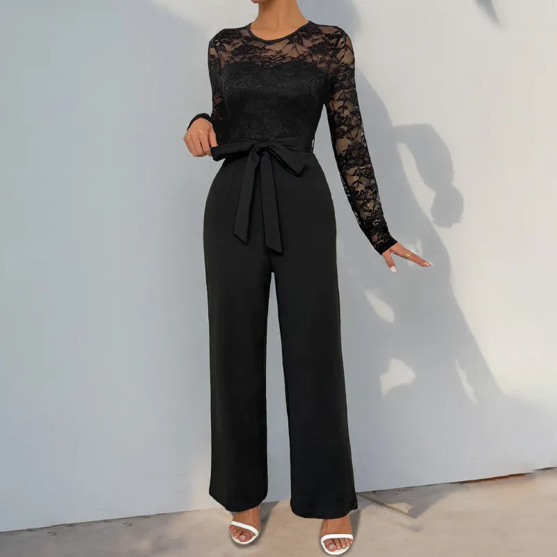 Women Fashion Sexy Solid Color Lace Stitching Long-Sleeve Zipper Jumpsuit