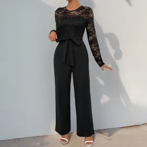Women Fashion Sexy Solid Color Lace Stitching Long-Sleeve Zipper Jumpsuit