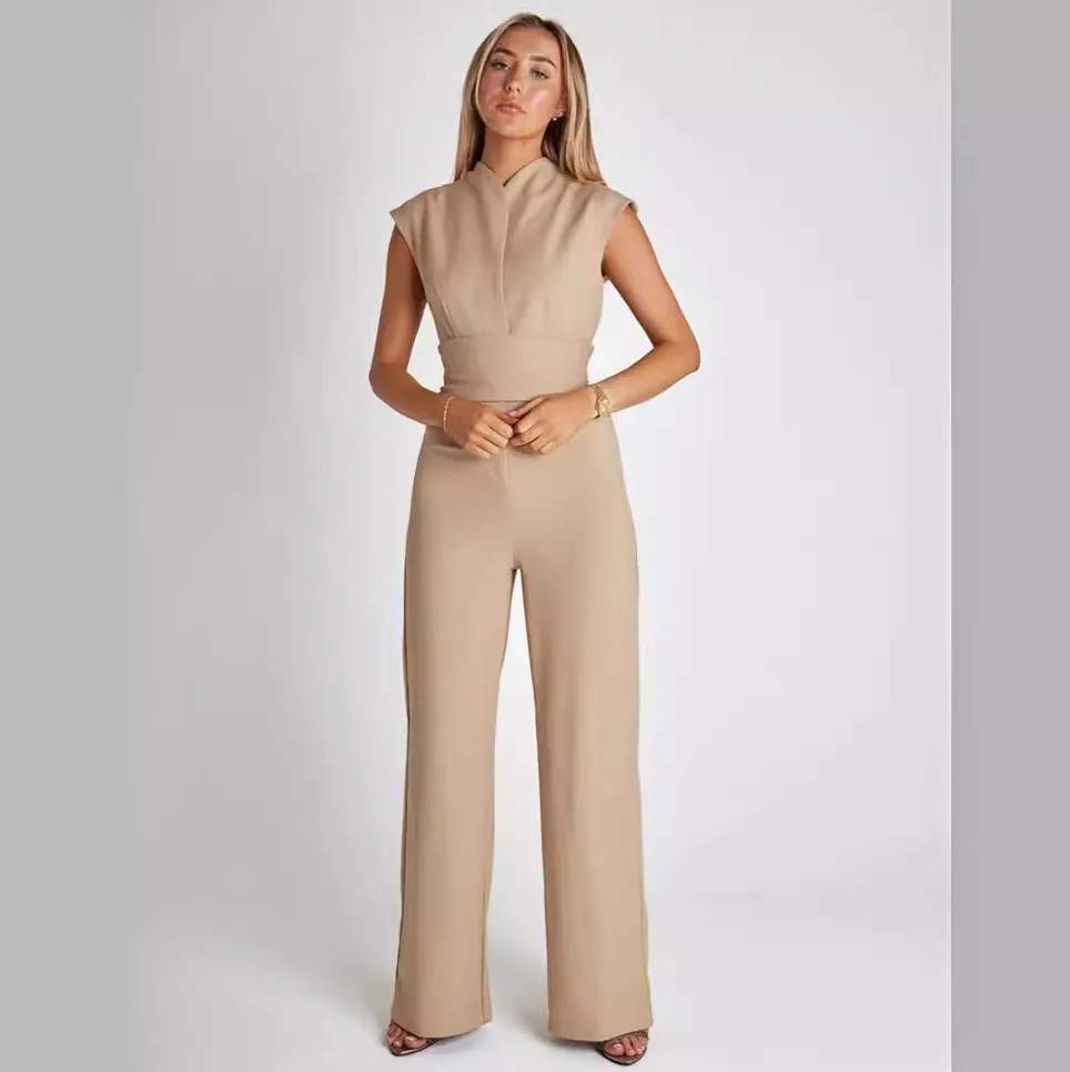 Women Fashion Sexy Solid Color Sleeveless Wide Leg Jumpsuit
