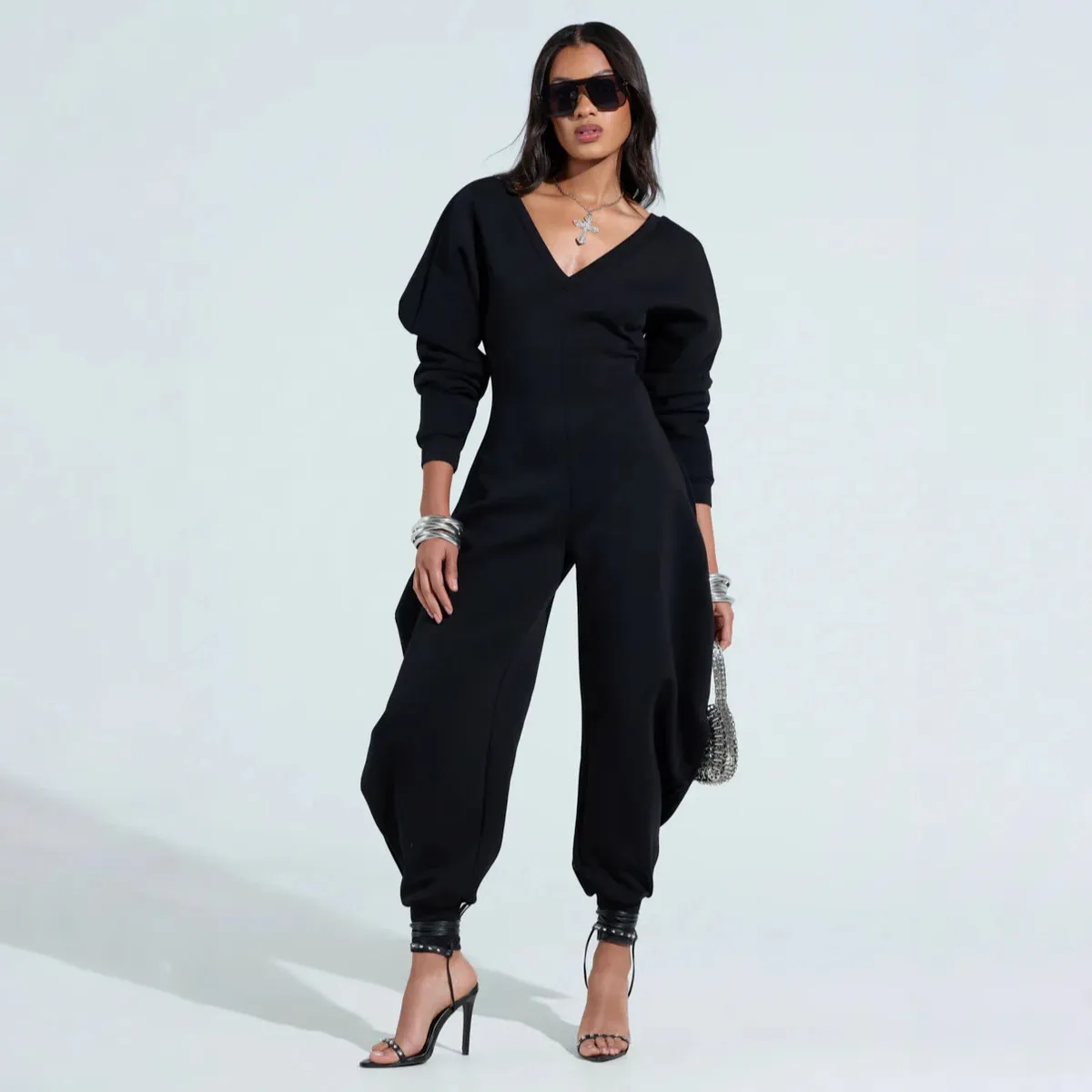 Women Fashion Casual Solid Color V-Neck Long Sleeve Flared Jumpsuit