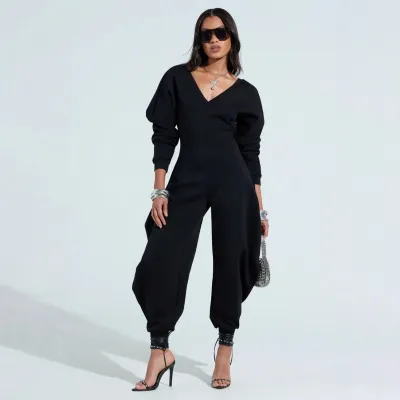 Women Fashion Casual Solid Color V-Neck Long Sleeve Flared Jumpsuit