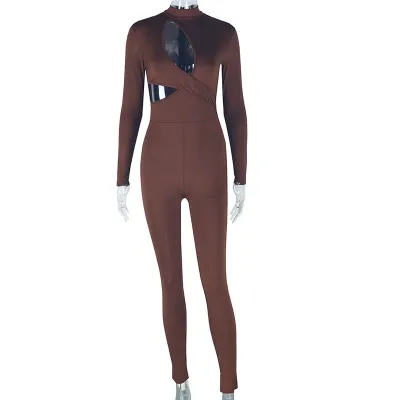 Women Fashion Solid Color Long-Sleeve Hollow-Out Tight Jumpsuit