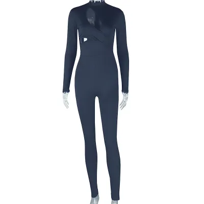 Women Fashion Solid Color Long-Sleeve Hollow-Out Tight Jumpsuit