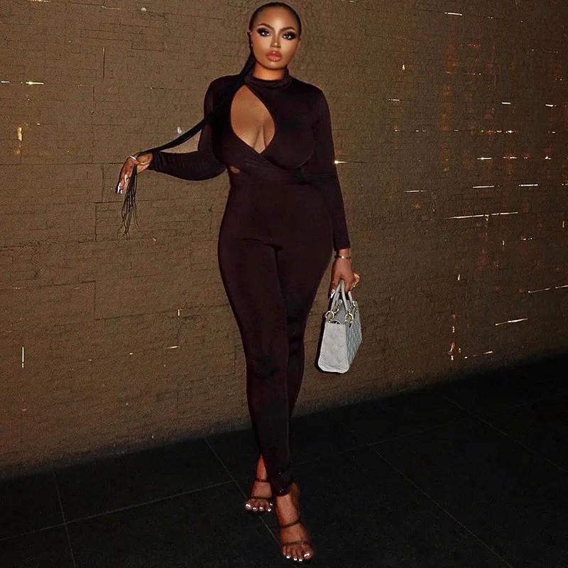Women Fashion Solid Color Long-Sleeve Hollow-Out Tight Jumpsuit