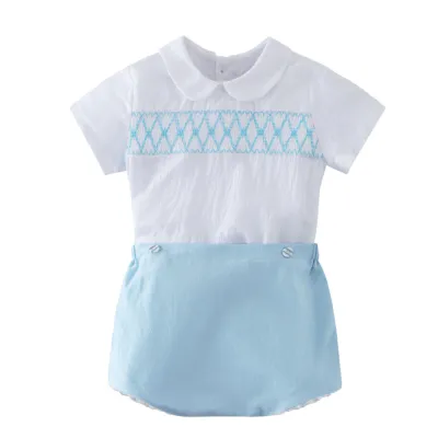 Kids Baby Boys Fashion Lapel Short Sleeve T-Shirt and Shorts Two-Piece Solid Cotton Set