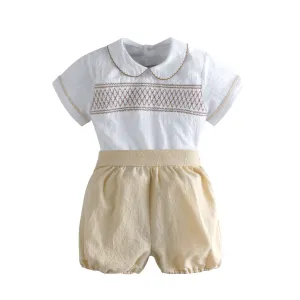 Kids Baby Boys Fashion Lapel Short Sleeve T-Shirt and Shorts Two-Piece Solid Cotton Set