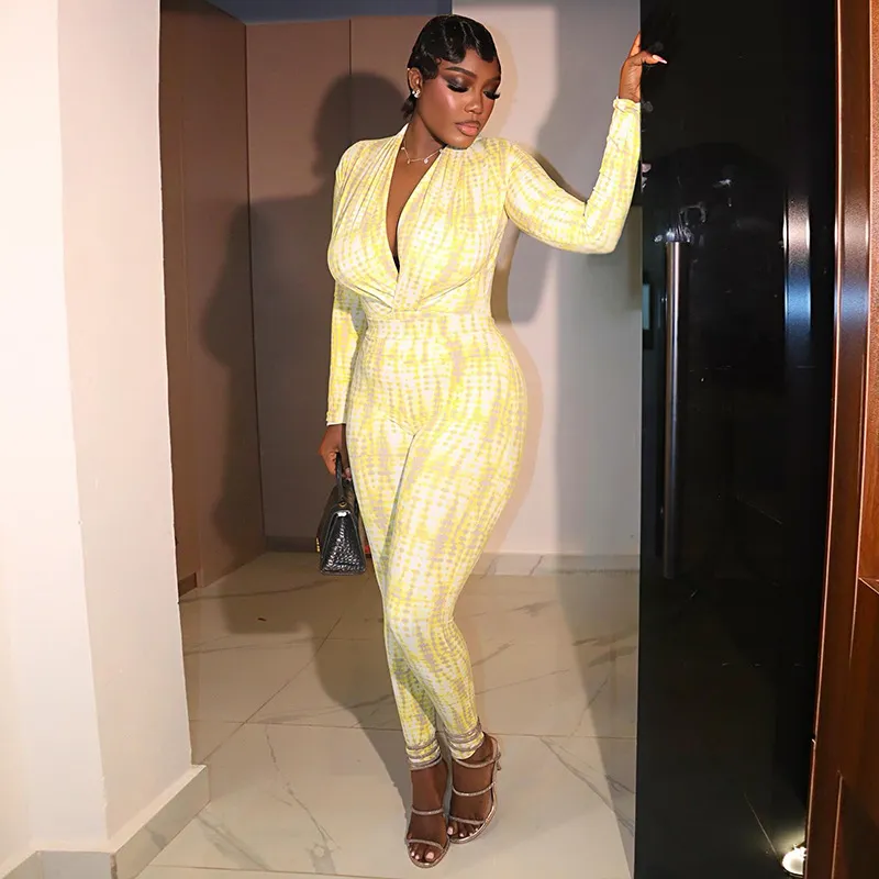 Women Casual Color-Block Printed Pleated V-Neck Long-Sleeve Slim-Fit Jumpsuit