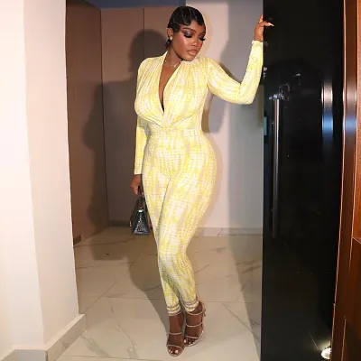 Women Casual Color-Block Printed Pleated V-Neck Long-Sleeve Slim-Fit Jumpsuit