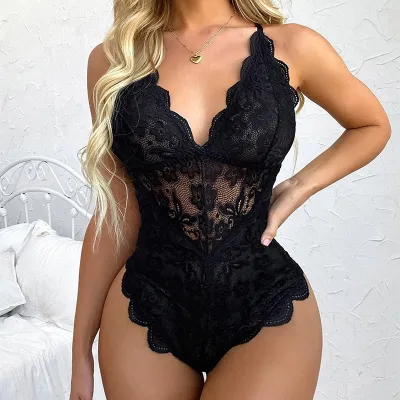 Women Fashion Solid Color Lace Deep V-Neck One-Piece Sexy Bodysuit Lingerie