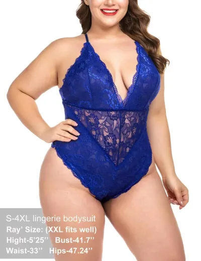 Women Fashion Solid Color Lace Deep V-Neck One-Piece Sexy Bodysuit Lingerie