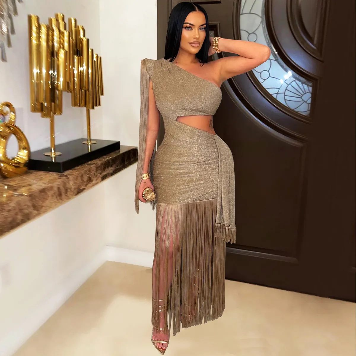 Women Sexy Solid Color Slanted Shoulder Hollow-Out Tassel Party Dress