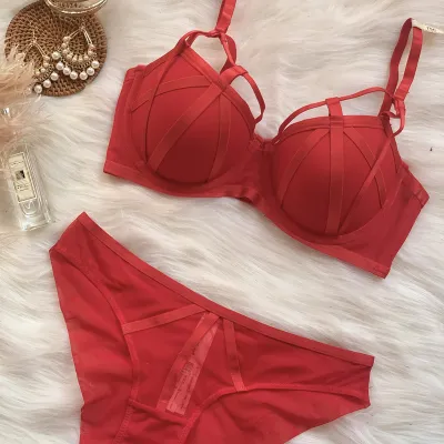 Women Sexy Solid Color Mesh Perspective Bridal Lingerie Bra Set